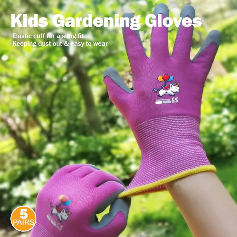 KDK 5 Pairs Kids Gardening Gloves Yard Work Gloves Children Soft Safety Rubber Coated Gloves for Toddlers Youth Girls Boys Children (6-8yr M) - Image 5